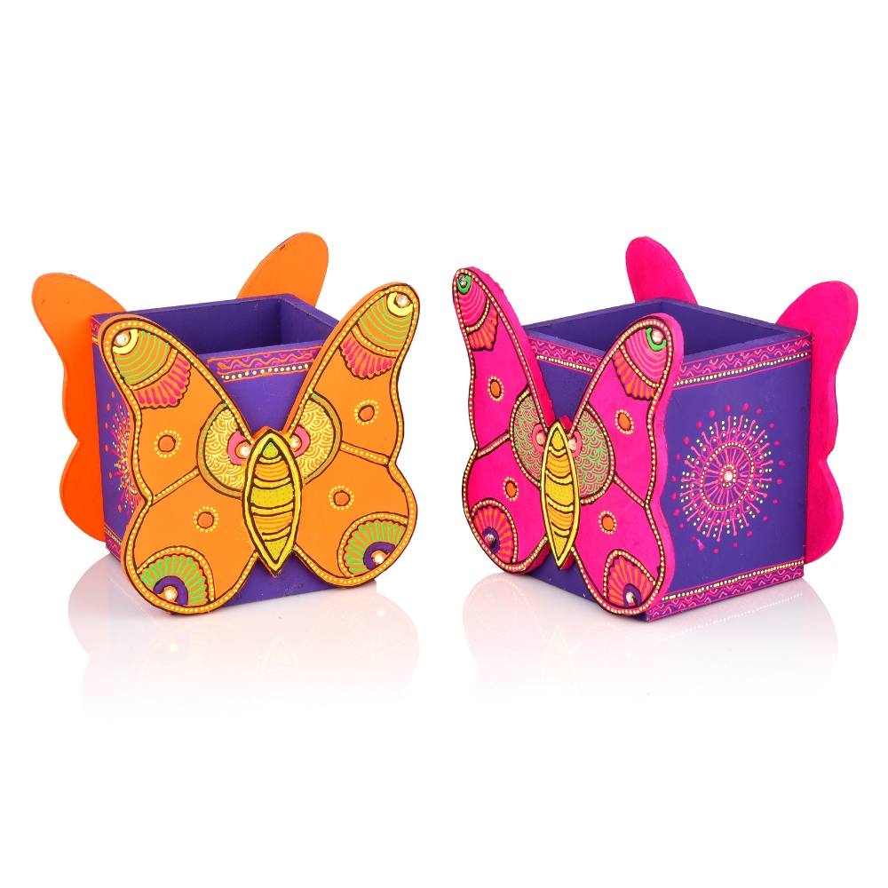 Handcrafted Wooden Butterfly Motif Pen Stand